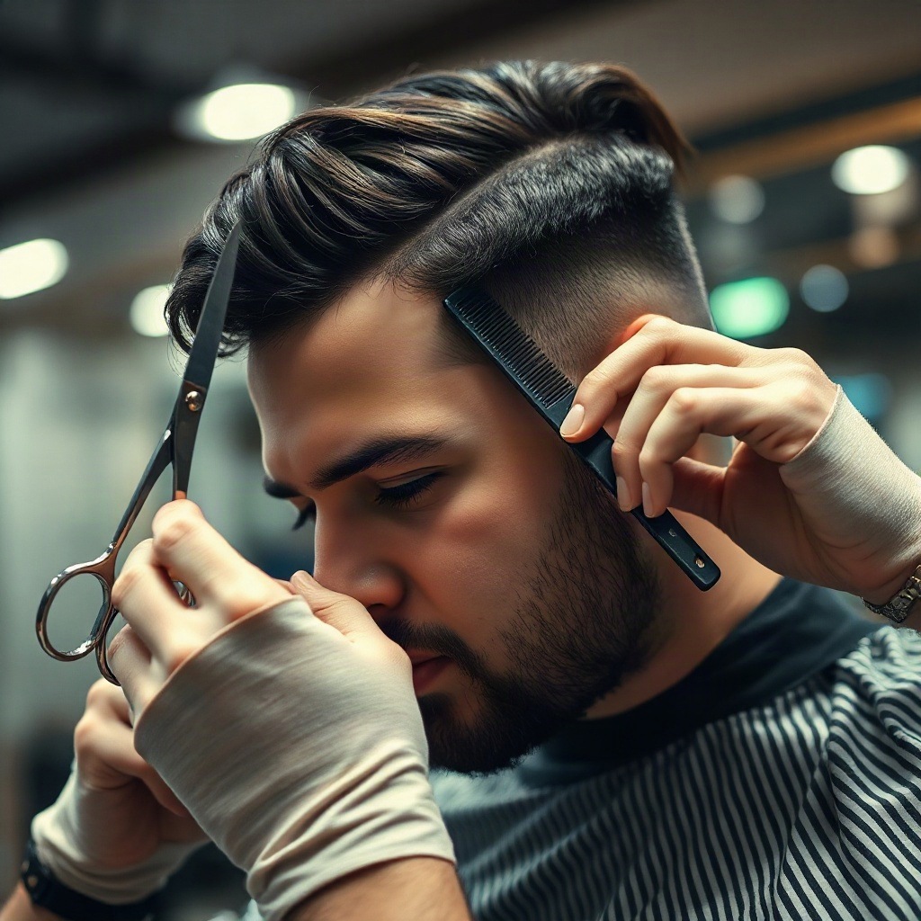 Réalisation d'une coupe de cheveux aux ciseaux
